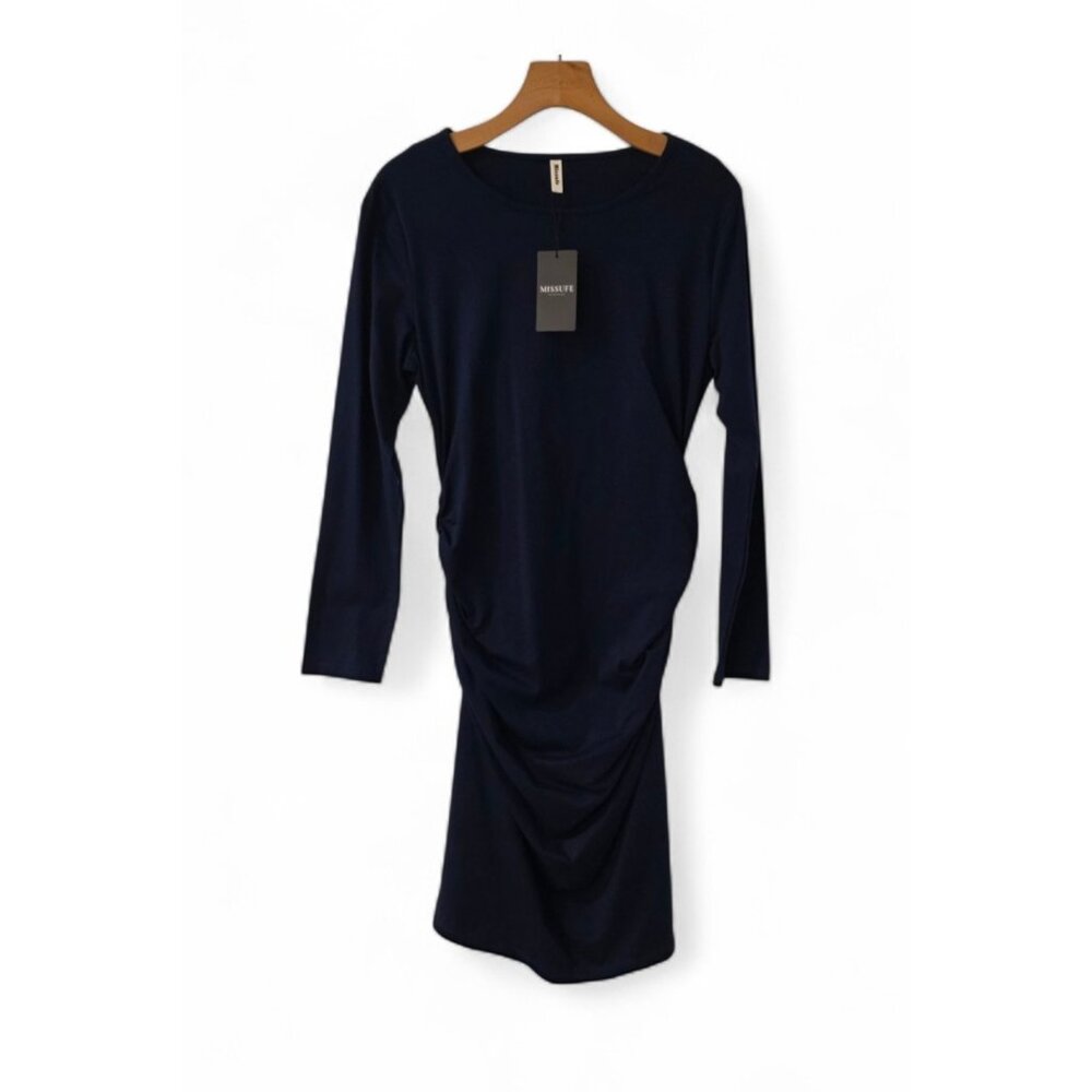 Missufe Bodycon Dress Ruched Midi Fitted Long Sleeve Stretch Navy Blue Large NEW